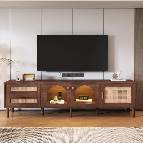 Virubi 71'' LED TV Stand, Boho Entertainment Center with 3 Doors & 2 Drawers, Modern TV Console Table with Rattan Decor, Walnut Media Console for TVs Up to 80'', LED TV Cabinet for Living Room Virubi