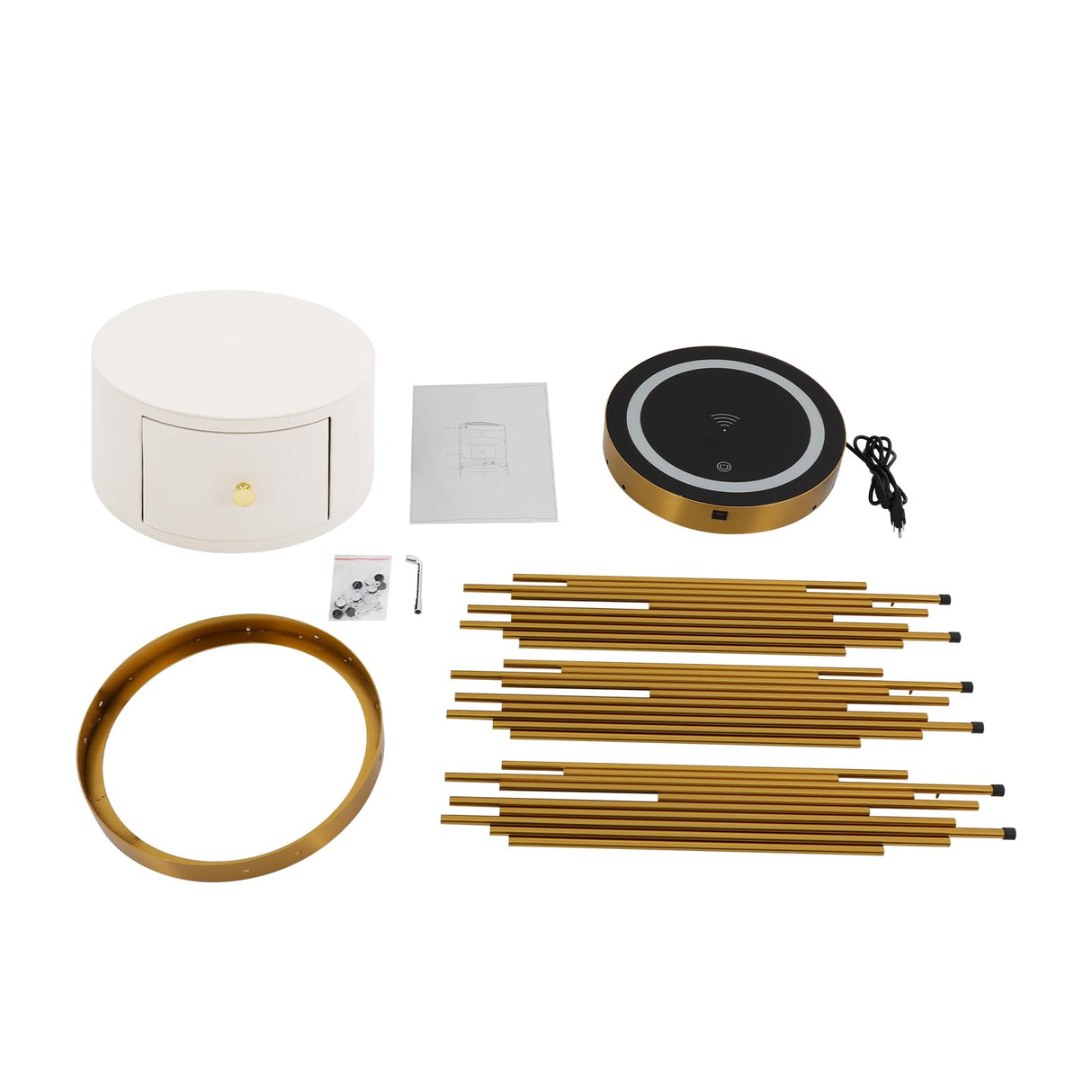 Mkyiongou Dimmable Led Nightstand Gold with White Drawers, Round End Table with USB & AC Port Wireless Charging Station, Bedside Table/Side Table for Bedroom/Living Room/Coffee Table Storage Mkyiongou