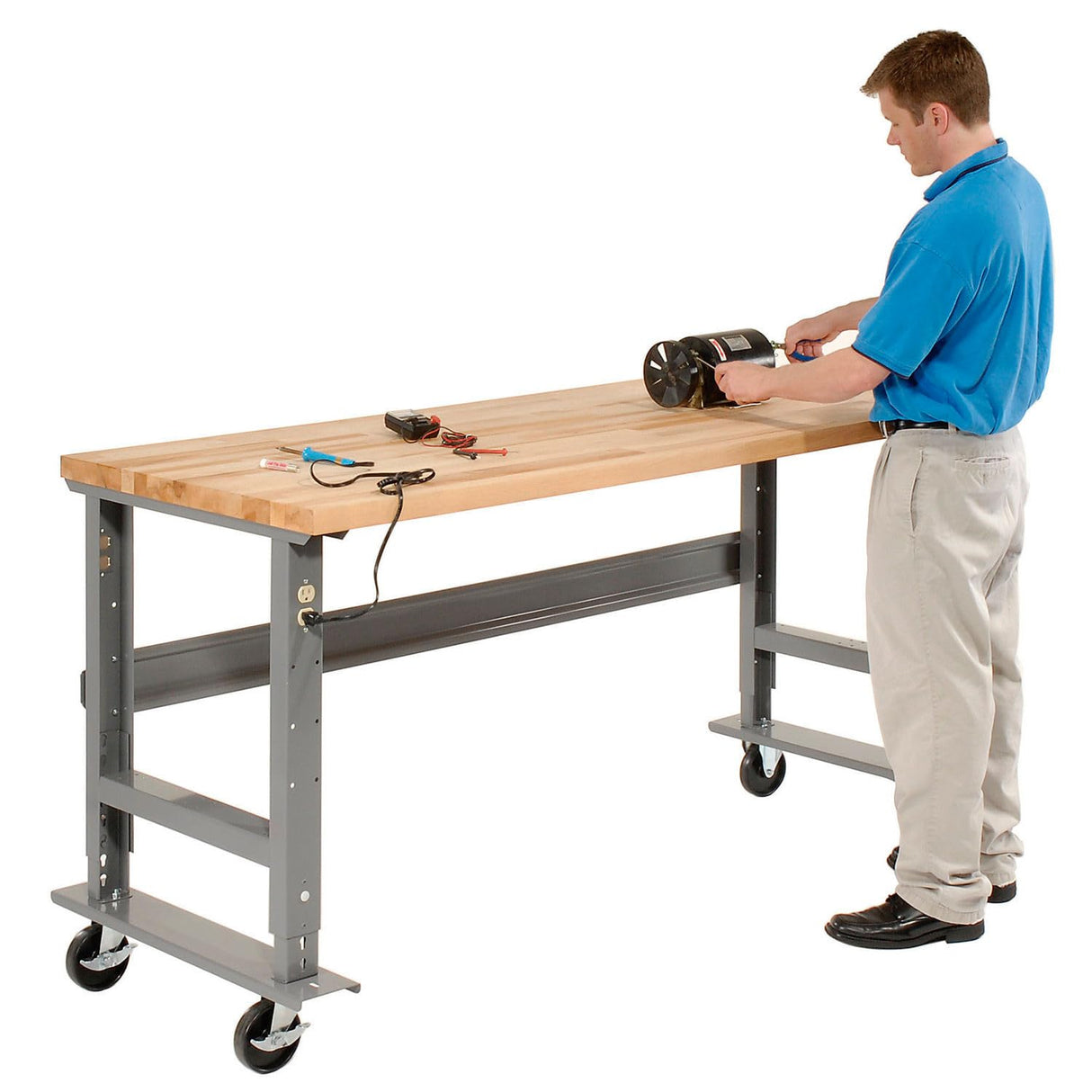 Global Industrial Mobile Adjustable Height Workbench, Maple Butcher Block Square Edge, 72" W x 30" D, Gray Global Industrial