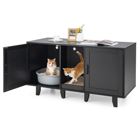 Tangkula Double Cat Litter Box Enclosure for 2 Cats, Large Stackable Hidden Privacy Cat Washroom Cabinet with Scratching Board, Indoor Cat House TV Stand Side Table, Litter Box Furniture (Black) Tangkula