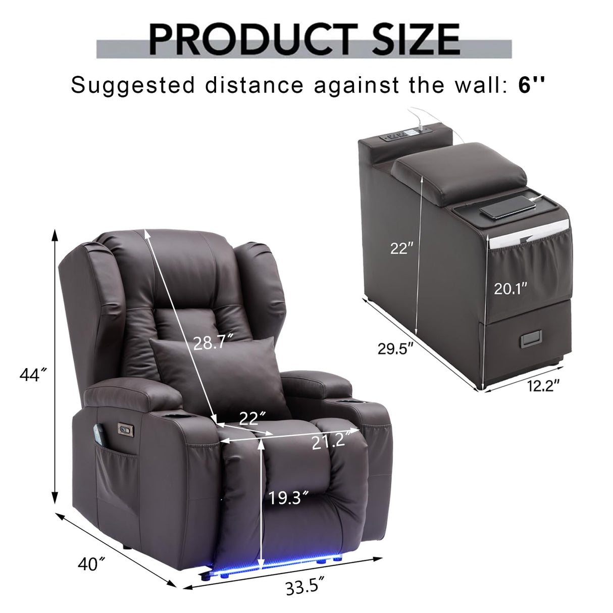 DRMBOOK Power Recliner Chair, Electric Wall Hugger Reclining Sofa with Massage & Heat, Overstuffed Theater Seating with LED/USB Port/Cup Holders for Living Room (Leather Brown, 1 Chair with Console) DRMBOOK