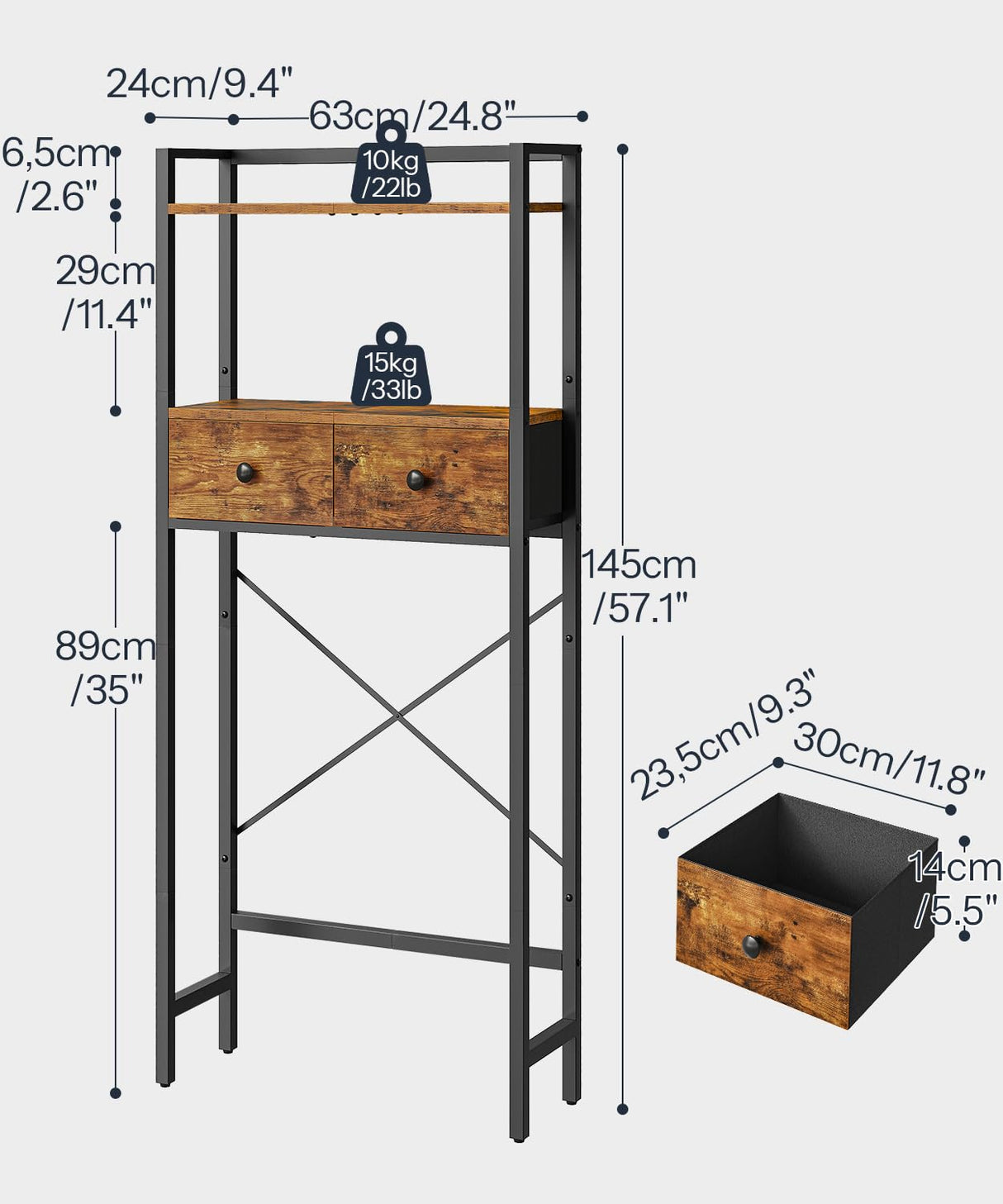 HOOBRO Over The Toilet Storage Rack with 2 Drawers, 3-Tier Bathroom Organizer Shelf Over Toilet, Freestanding Toilet Shelf, Storage Cabinet, Rustic Brown and Black BF47TS01 HOOBRO