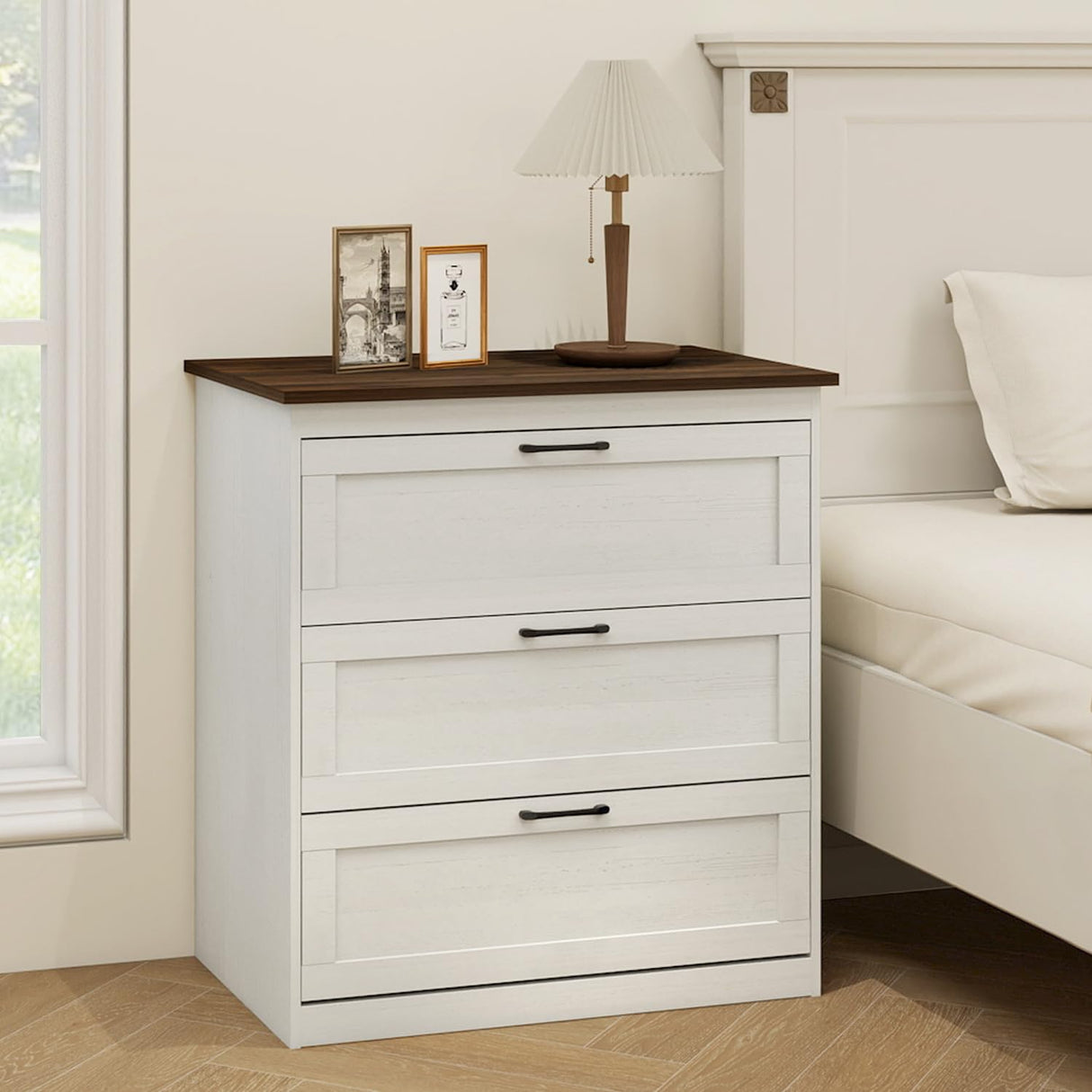 Vikiullf Small Dressers, Wooden 3 Drawer Dresser for Bedroom, Farmhouse Chest of Drawers, Storage Drawers for Bedroom, Living Room, Hallway, EntrywayRust Oak White Vikiullf