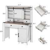 Albott Farmhouse Makeup Vanity Desk with Sliding Mirror and Lights, Makeup Vanity Table with 4 Storage Drawers and Adjustable Shelves, Dressing Table with Glass Top, Big Vanity Set for Bedroom, White Albott
