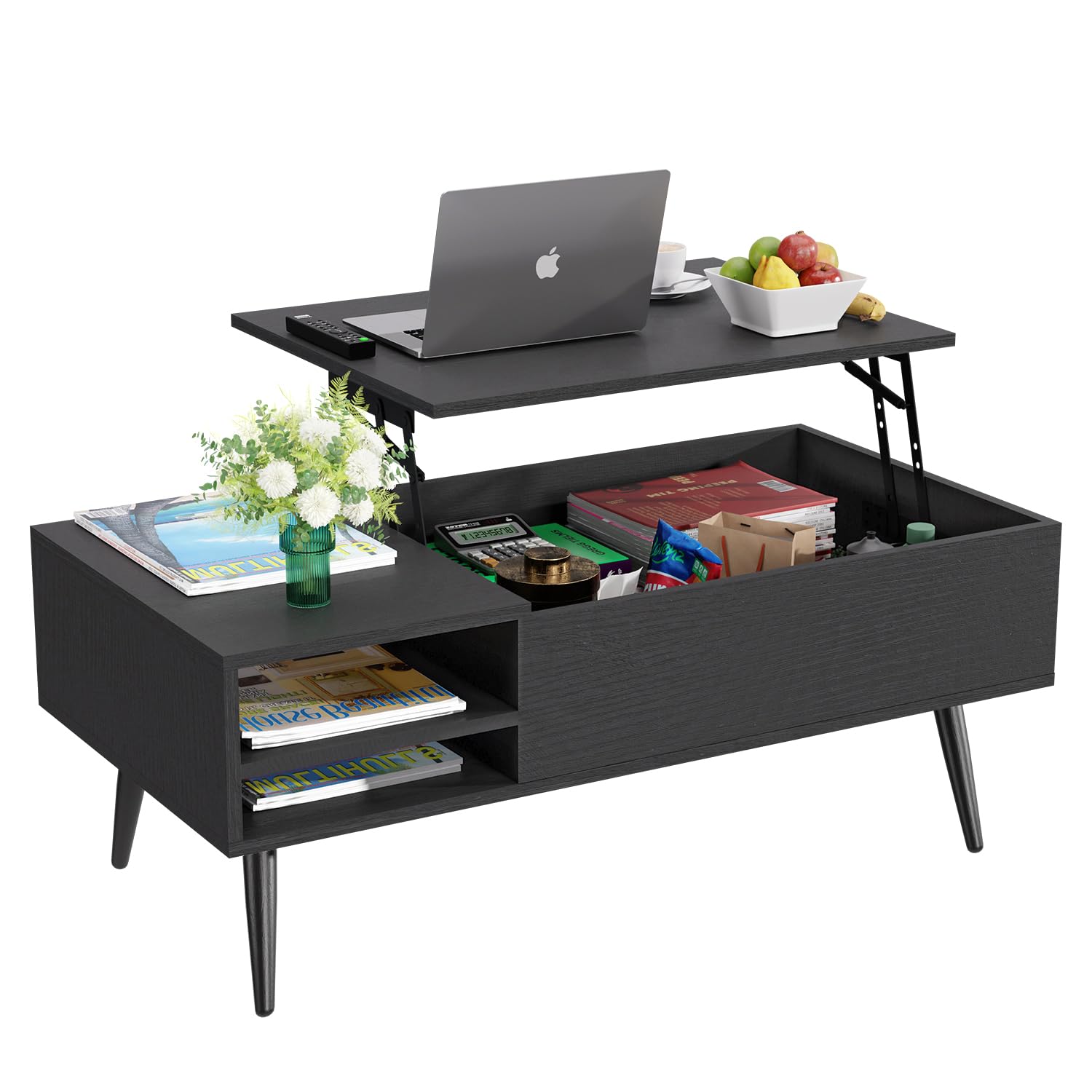 PayLessHere Lift Top Coffee Table with Adjustable Storage and Hidden Compartment Small Wood Coffee Table Center Table for Home Living Room Office Apartment Reception Room,Black - WoodArtSupply