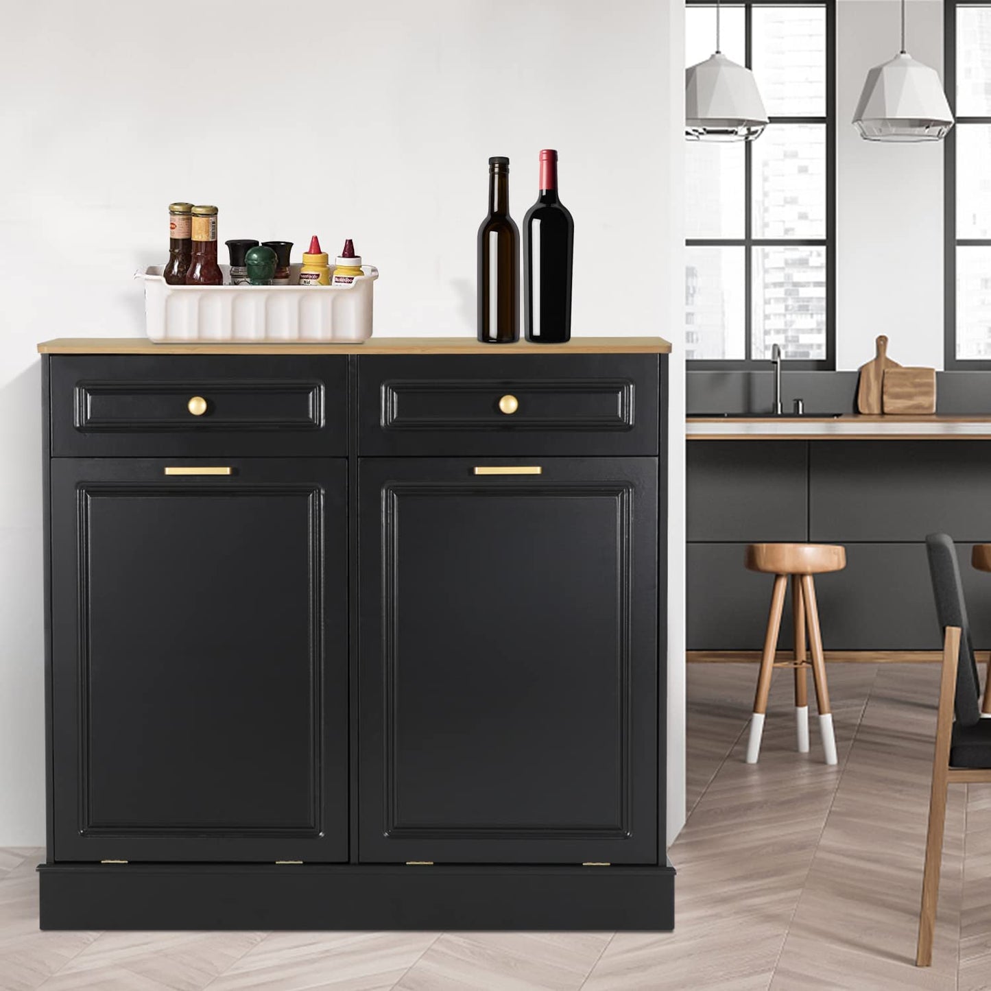 Anbuy Dual Tilt Out Cabinet with Two Wood Hideaway Trash Drawers, Free Standing Recycling Double Can Holder for Kitchen(Black) - WoodArtSupply