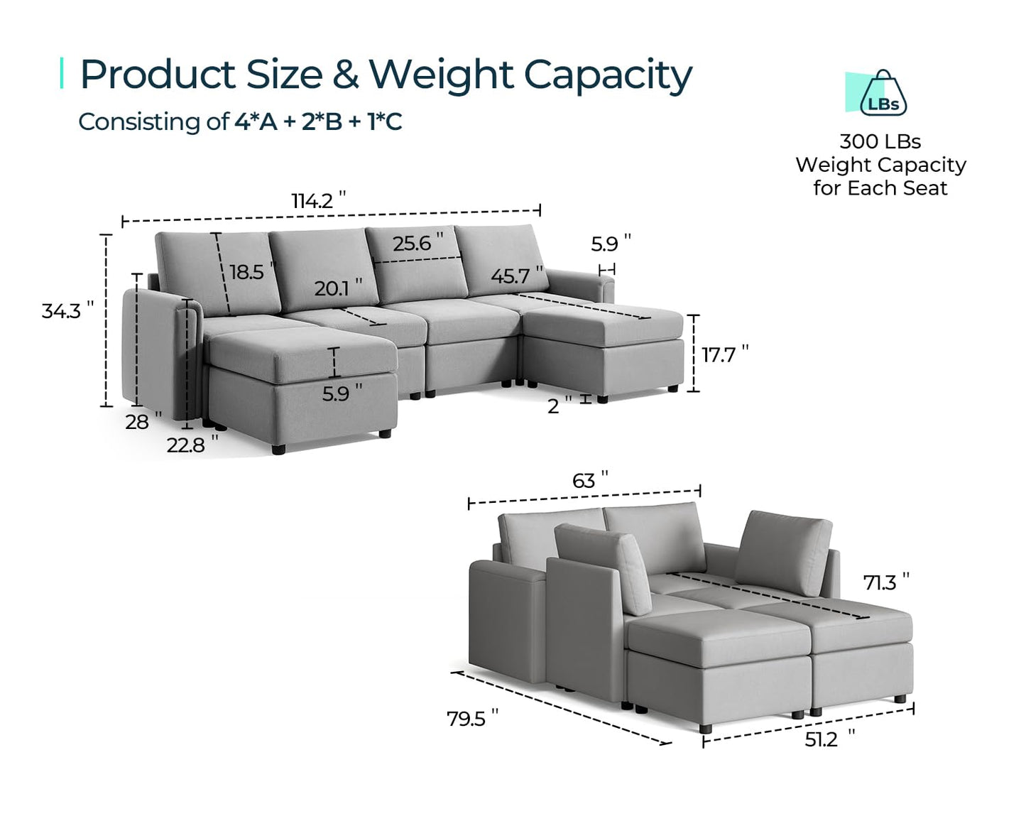 LINSY HOME Modular Sectional Sofa, Convertible U Shaped Sofa Couch with Storage, Memory Foam, Modular Sectionals with Ottomans, 6 Seat Sofa Set with Chaise for Living Room, Grey