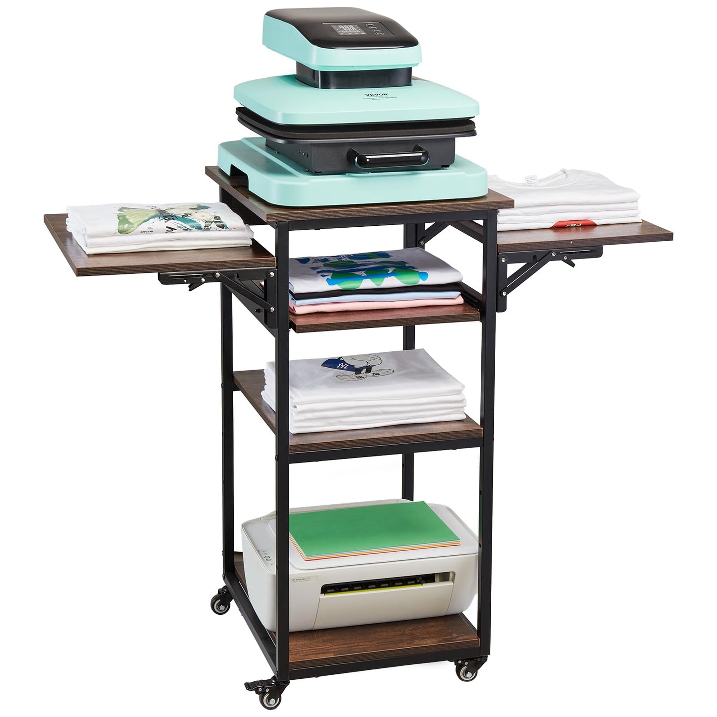 VEVOR Movable Heat Press Table with Charging Station, 4 Tier Foldable Heat Press Stand with Pull-Out Tray for Heat Transfer Sublimation Printer Sublimation Transfer Machine Organization