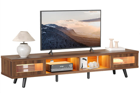 Bestier Mid Century Modern TV Stand for 75 inch TV, LED Entertainment Center with Storage and Sliding Doors, Low Profile TV Consoles for Living Room, Ancona Walnut Bestier