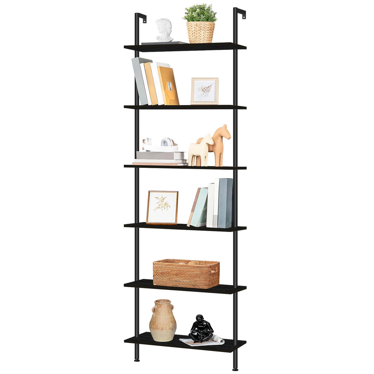 HOOBRO DIY Ladder Shelf, 6-Tier Wall Mounted Bookshelf, Office Vertical Bookcase, Wooden Storage Shelves for Home Office, Bedroom, Black BB65CJ01 HOOBRO