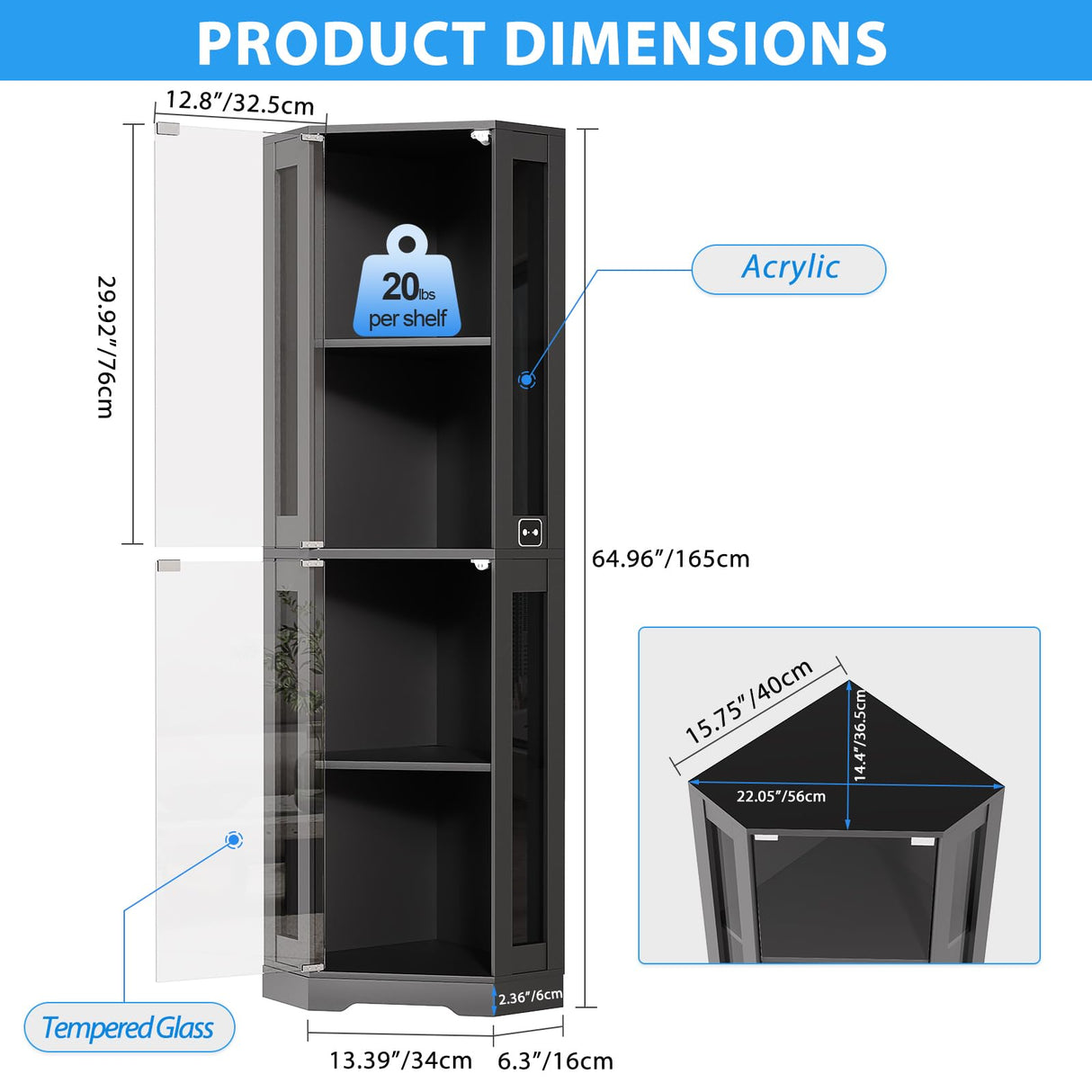 BROTTAR 65" Corner Glass Display Cabinet with LED Lights, 4-Tier Showcase Display Case with Glass Doors & Human Body Sensor for Collectibles, Liquor, Black BROTTAR