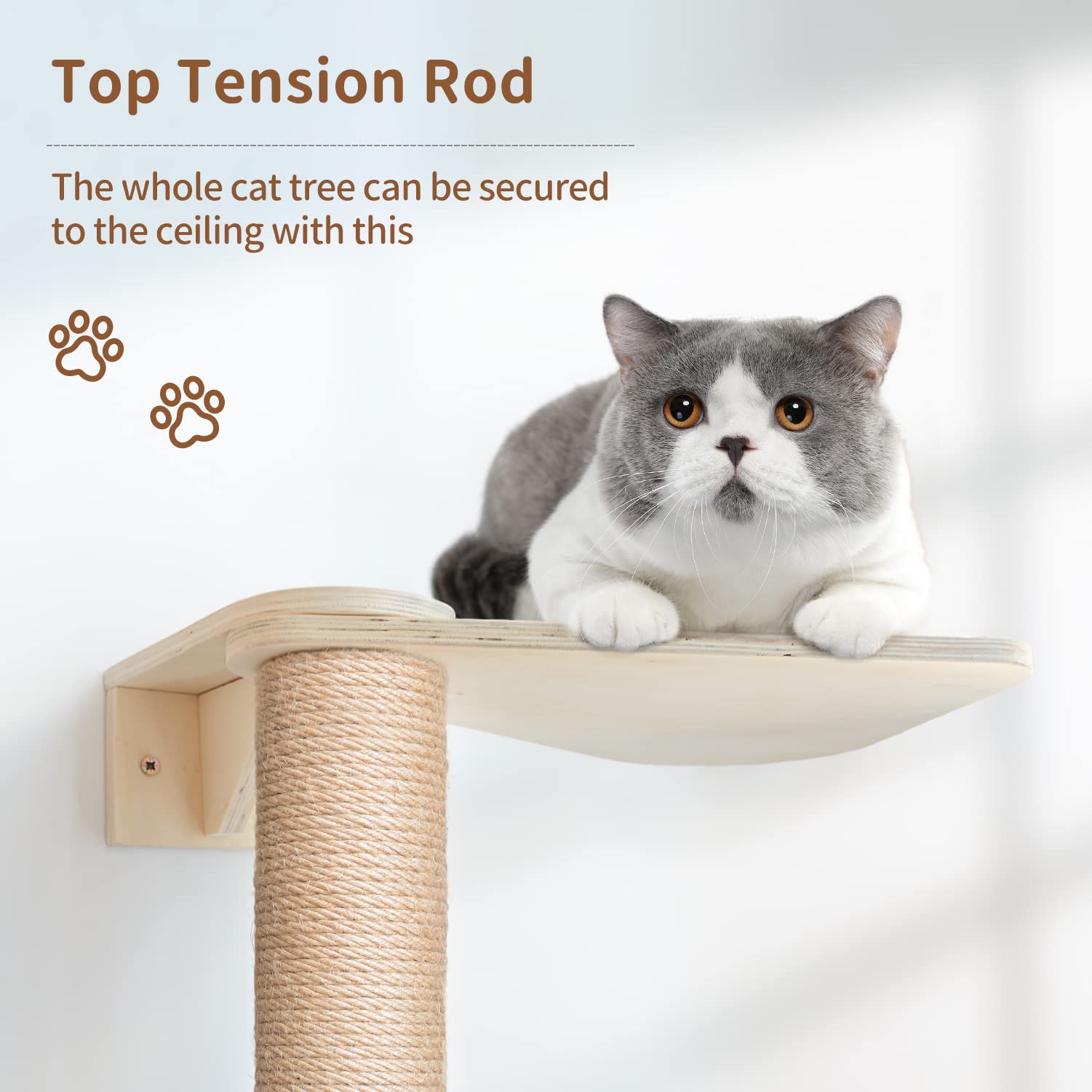 Wood Cat Tower Floor to Ceiling Adjustable, Tree Tall Cat Scratching Post, Cat Tree with 3-Tier Floor for Climb, Cat Climbing Tower Vertical with Natural Sisal Rope - WoodArtSupply