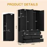 Armoire Wardrobe Closet with Mirror Door and LED Light, Bedroom Armoire with 6 Drawers, Modern Wooden Large Wardrobe Closet with Shelves, Wooden Armoire with Hanging Rod for Bedroom(Black) CORAZAZA