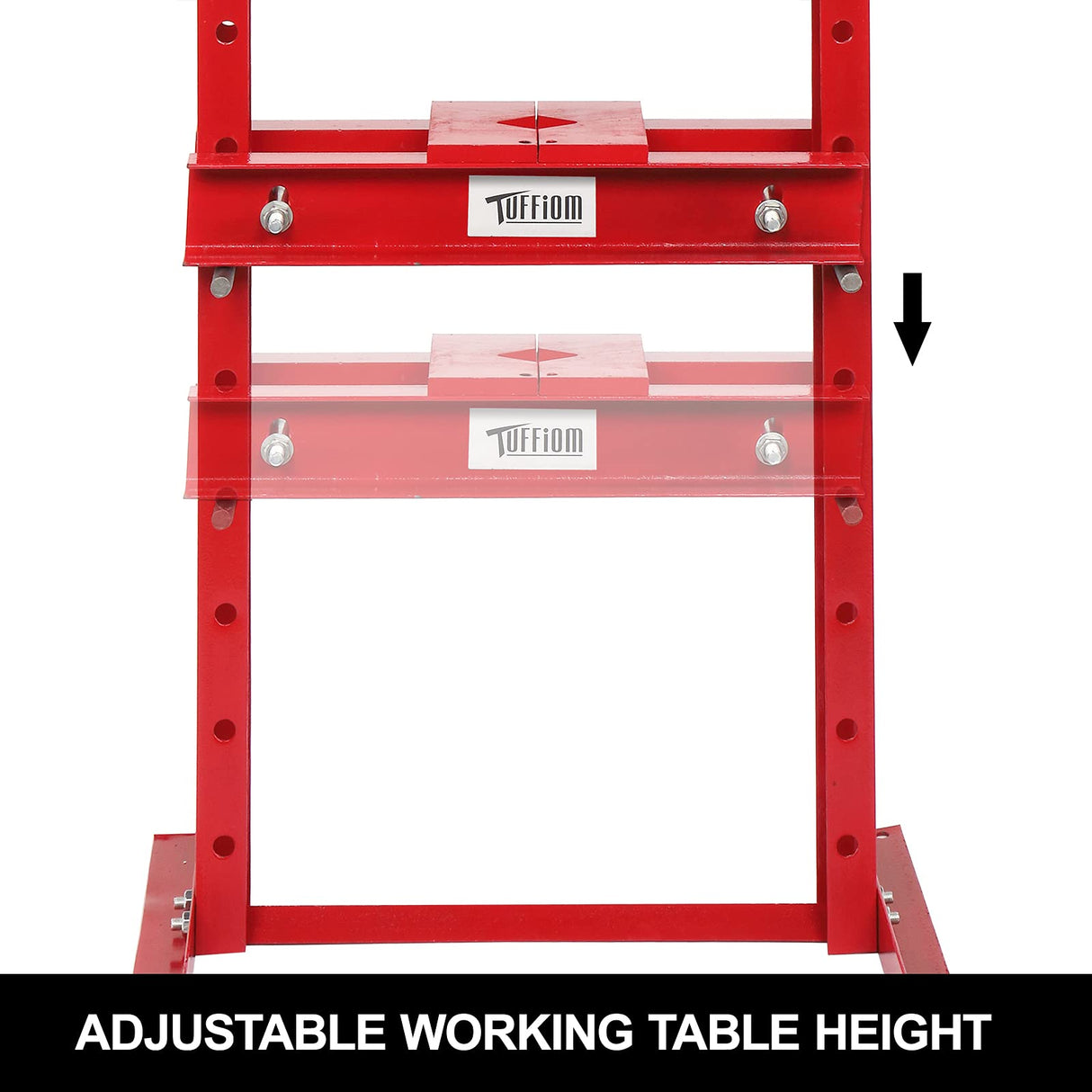 TUFFIOM 12-Ton Hydraulic Shop Press with Press Plates, H-Frame Garage Floor Press, Adjustable Working Table Height, 24.8”L x 15.35”W x 51.4”H TUFFIOM