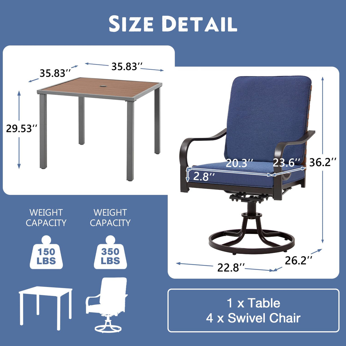 MELLCOM 5-Piece Outdoor Dining Set, 4 Swivel Leather-Look Chairs with Cushions & Square Dining Table with Umbrella Hole, Patio Furniture Set for Porch, Garden, Backyard, Poolside, Deck, Blue MELLCOM
