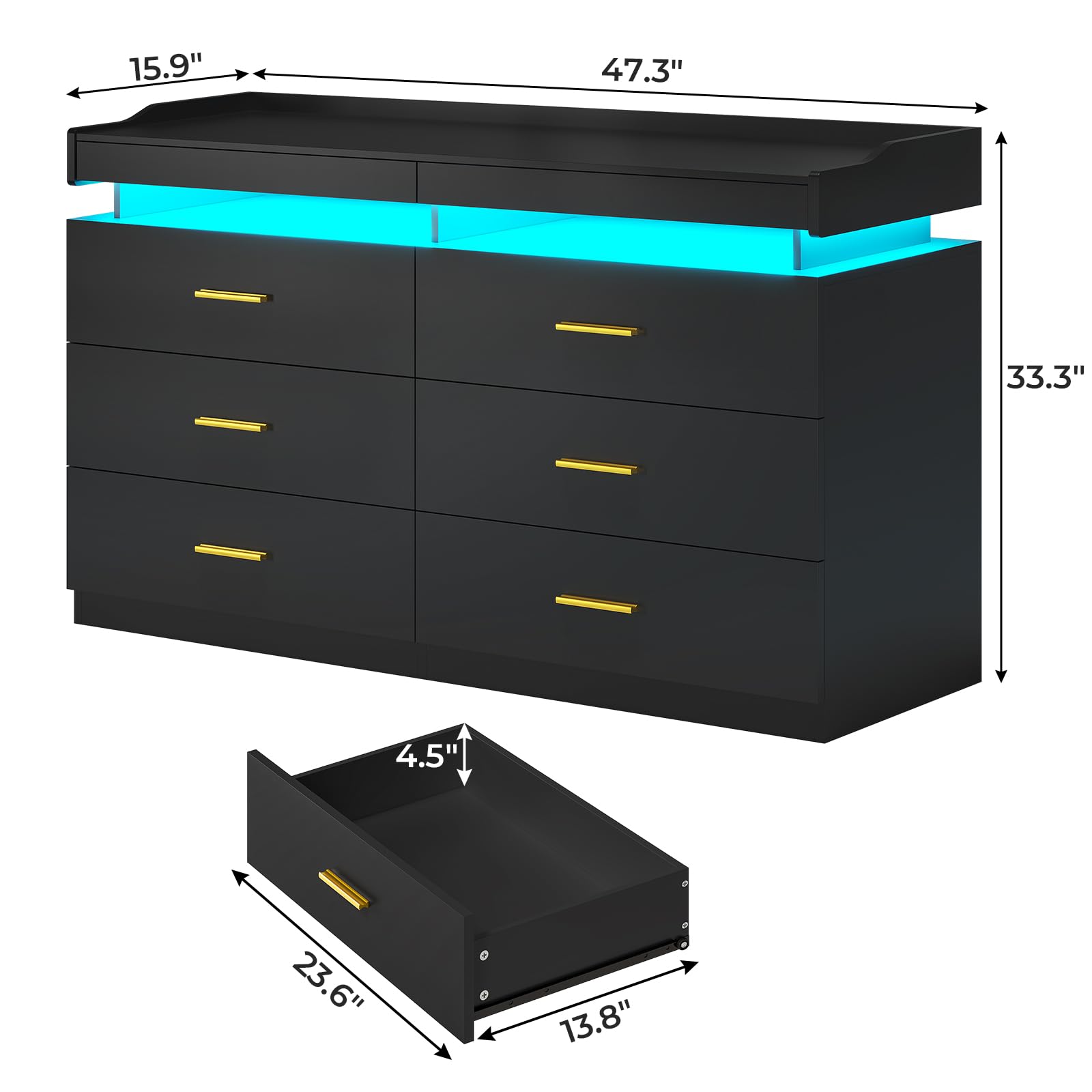 BTHFST LED Dresser for Bedroom Wood, 6 Drawer Dresser with 2 Pull-Out Trays, Chest of Drawers for Bedroom, Modern Wide Dresser for Living Room, Entryway, Black - WoodArtSupply