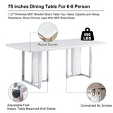 79" Dining Table,White Gloss Kitchen Table,1.57" Thick MDF Board Table Top Coated by Faux Marble Pattern with Chrome Plate Metal Base,Modern Dining Table for 10 People MEMUY