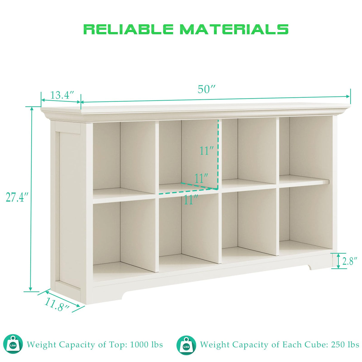 OSCHF Cube Shelf Bookcase with Base - Wooden 2 Tiers Floor Standing Low Storage Cabinet for Home and Office, 8-Cube Lattice Bookshelf, Warm White OSCHF