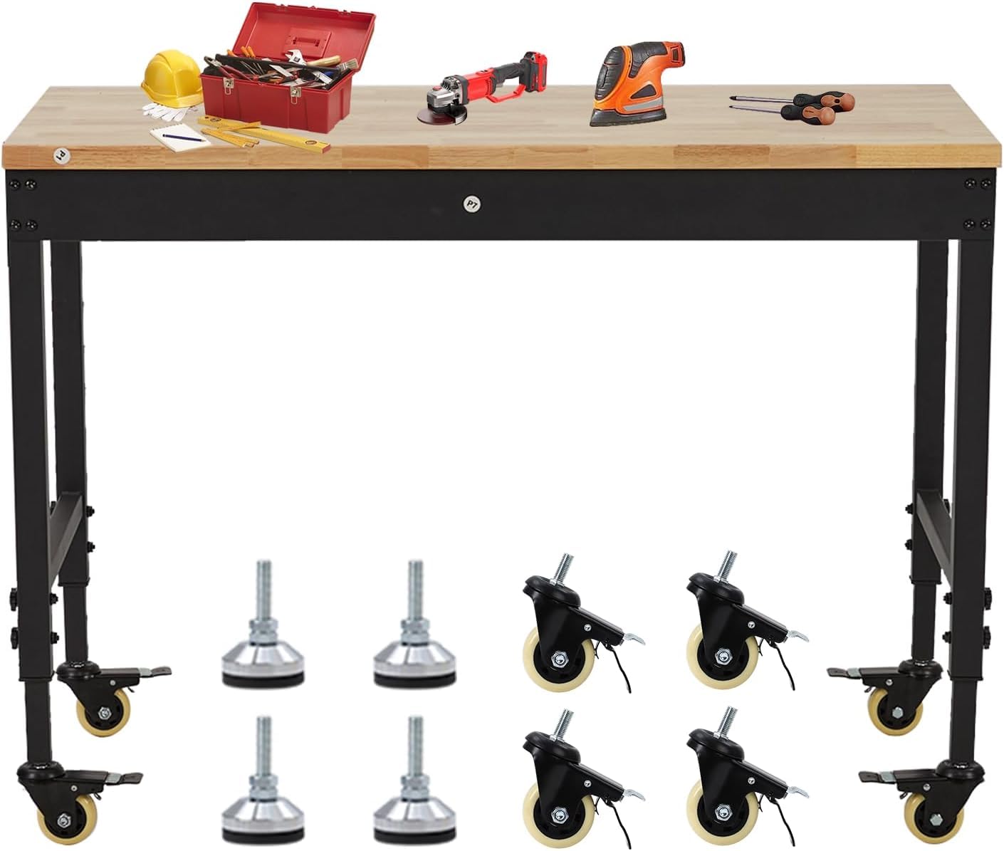 Adjustable Workbench for Garage, 48" x 24" Portable Work Bench, 2000 Lbs Capacity, Rubber Wood Workstation w/ 4 Rolling Casters, Heavy Duty Work Table with 2 USB & 4 AC Outlets - WoodArtSupply