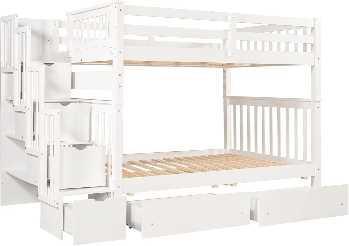 MERITLINE Full Over Full Convertible Bunk Bed with Storage Stairs, Storage Shelves and Drawers,Solid Wood Detachable Bunk Bed with Bookcase and Ladder for Adults,No Box Spring Needed (White) MERITLINE