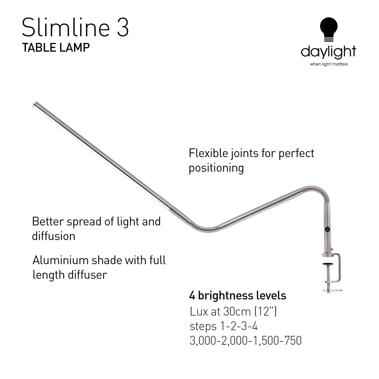 Daylight Company, LLC U35108 Slimline 3 Table Lamp-LED-80 CRI-Eye Care-4 Brightness Levels, 3,000 LUX at 30 cm, 1,065 LUMENS-4 Step DIMMER Mode, Brushed Steel, 25.6 x 30 x .8 daylight