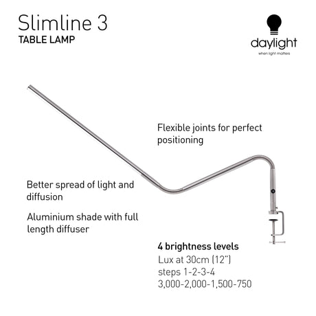 Daylight Company, LLC U35108 Slimline 3 Table Lamp-LED-80 CRI-Eye Care-4 Brightness Levels, 3,000 LUX at 30 cm, 1,065 LUMENS-4 Step DIMMER Mode, Brushed Steel, 25.6 x 30 x .8 daylight
