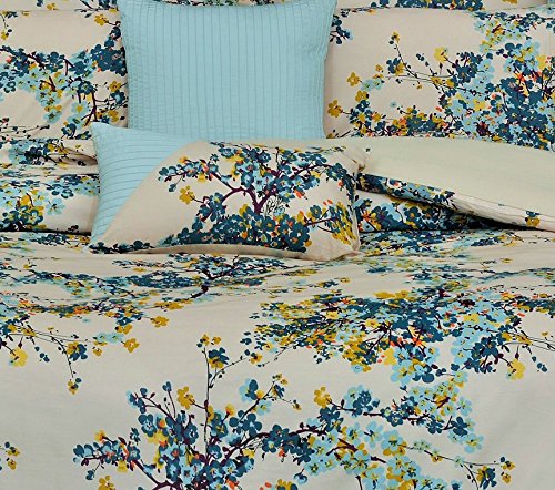 Tribeca Living Floral Printed King Cotton Sateen Duvet Cover Set, 300 Thread Count, Oversized, Five Piece Set Includes Duvet Cover, Sham Pillowcases and Decorative Pillows, Casablanca/Beige Tribeca Living