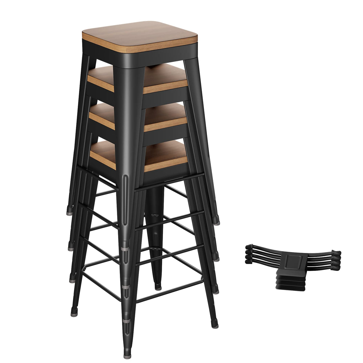 POINTANT Bar Stools Set of 4 Metal Bar Stool Counter Height Bar Stools 26" Black Modern Bar Chairs with Back and Wooden Seat Bar Stool Counter Height POINTANT