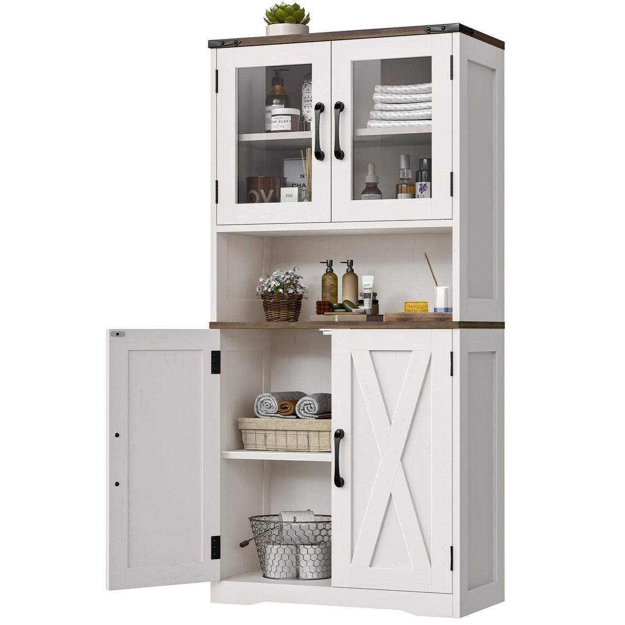 Halitaa Bathroom Storage Cabinet with Adjustable Shelves, Farmhouse Kitchen Pantry, Floor Farmhouse Storage Cabinets for Bathroom, Kitchen, Living Room, Rustic Style Cabinet, White and Brown Halitaa