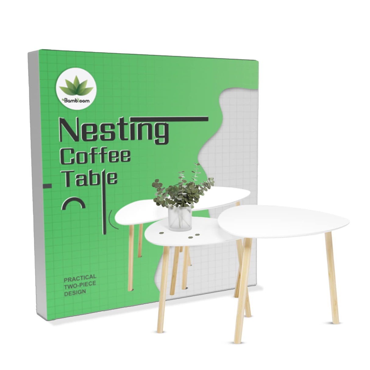 Bamboo White Nesting End Table - Side Tables Living Room Tables, Nesting Tables Set of 2 Small Coffee Table, Modern Minimalist Triangle Center Table for Sofa Bedside Bedroom Apartment Ofiice Bambloom