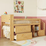 JIJIWANG Twin Size Loft Bed with LED and Bookshelf, Wood Low Loft Bed with Stairs,Twin Loft Bed with Storage Drawers and Shelves,Natural JIJIWANG