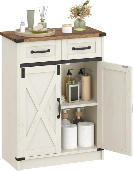 Bathroom Storage Cabinet, Freestanding Bathroom Floor Cabinet with Drawers & Doors, Farmhouse Buffet Cabinets with Adjustable Shelf, for Kitchen, Living Room, Entryway, White Brown SC62414X Hzuaneri