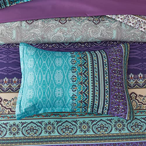 Cottolester Boho Comforter Set King Size 8 Piece Bed in a Bag Bohemian Striped Bedding Quilt Set Aqua Paisley Floral Comforter and Sheet Set,Soft Microfiber Complete Bedding Sets for All Season Cottolester