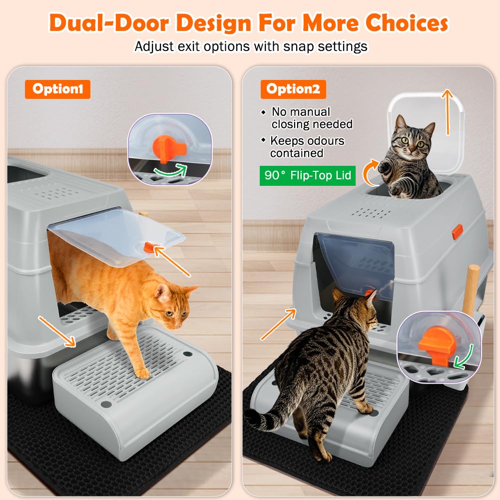 SZEE XL Stainless Steel Litter Box, Top Exit Design, Non Stick, No Smell, Easy Cleaning, Activated Charcoal Odor Control Design, Half/Fully Enclosed Design, Footboard, Trapping Mat & Scoop Included SZEE