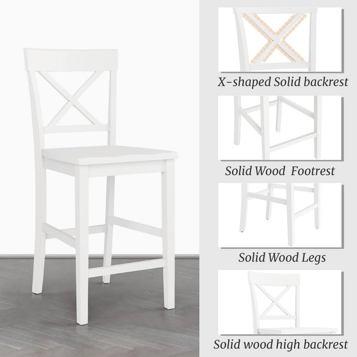 Cozyman Counter Height Bar Stools Set of 2, 24" H Wooden Counter Stools with Back and Footrest, X-Back Farmhouse Barstools for Kitchen Island, Home Bar, White Cozyman