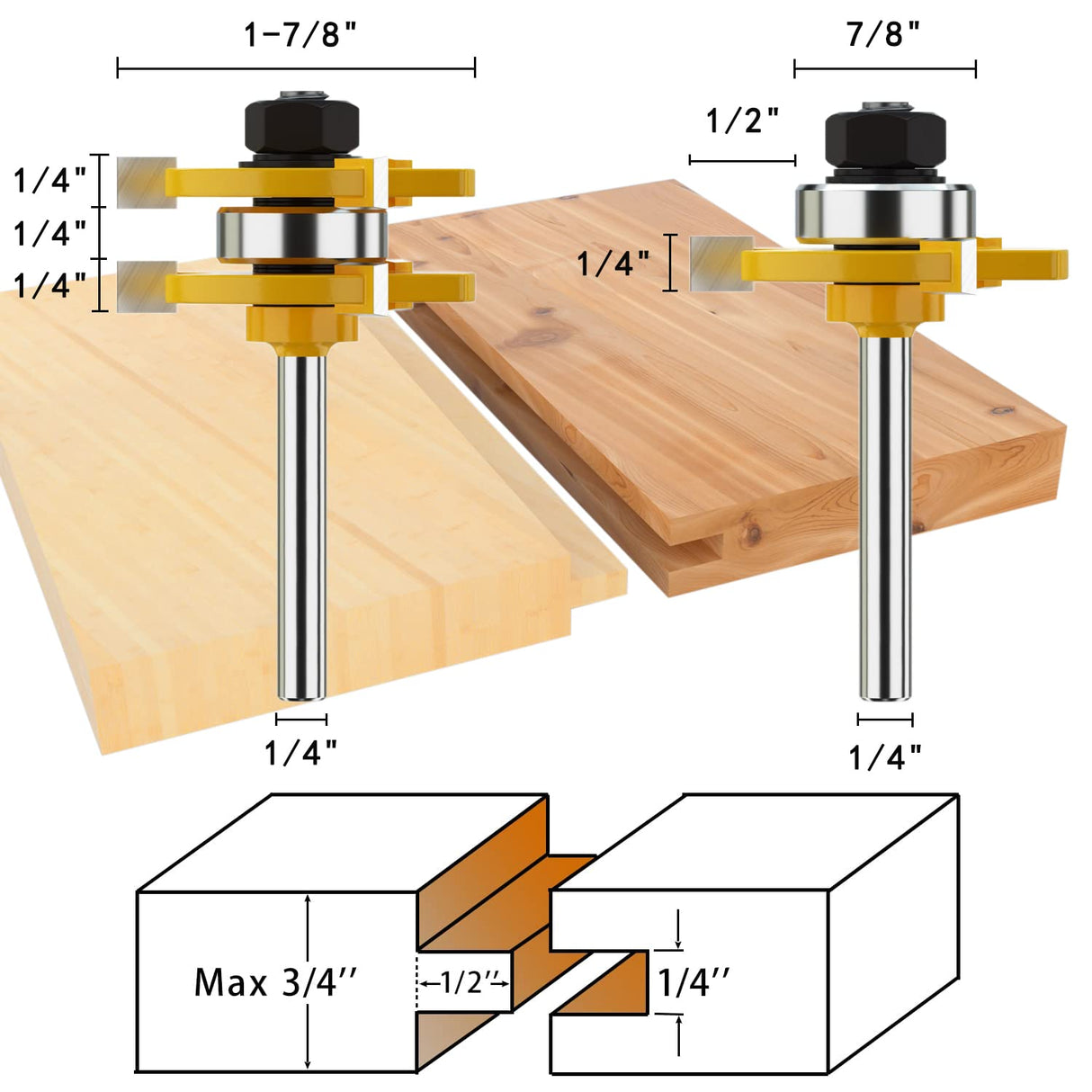 Tongue and Groove Router Bit Tool Set with Adjustable 1/4 Inch Shank T Shape Wood Milling with 45 Degree Lock Miter Router Bit 3/4 Inch Stock Joint Router Bit for Wood Drawer, Window, Cupboard Helovmine