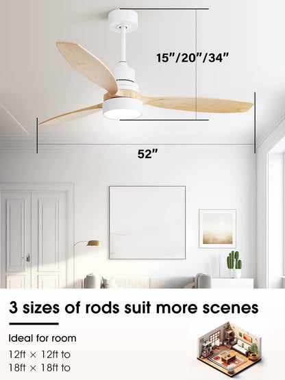 Sofucor 52 Inch Ceiling Fan with Lights and Remote Control, Indoor Outdoor Mordern Wood Ceiling Fan with Reversible Quiet DC Motor, 6 Speed, 3 White Downrods, for Farmhouse Bedroom Patio Balcony