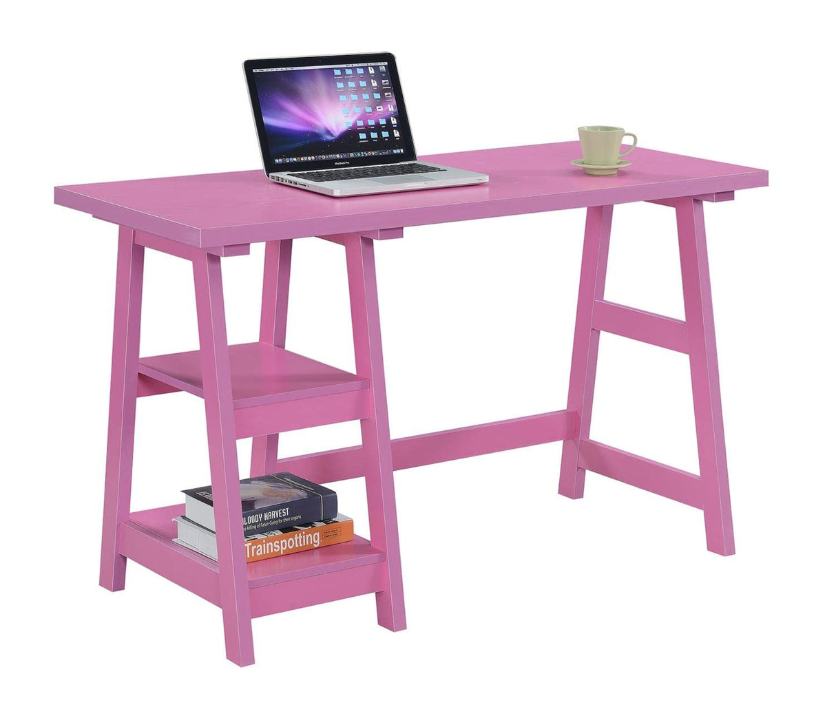 Convenience Concepts Designs2Go Trestle Desk with Shelves, 47", Pink Convenience Concepts
