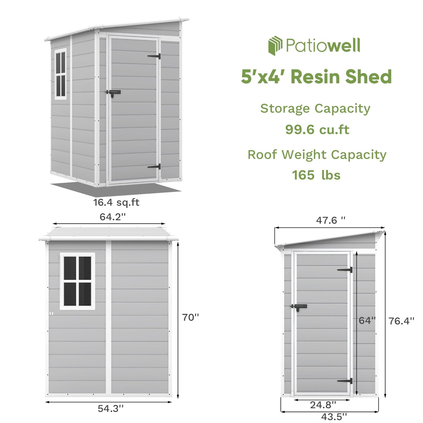 Patiowell 5x4 FT Outdoor Storage Shed, Resin Storage Shed with Floor & Lockable & Window Door for Patio Furniture, Garden Tools and Bicycle, White & Grey - WoodArtSupply