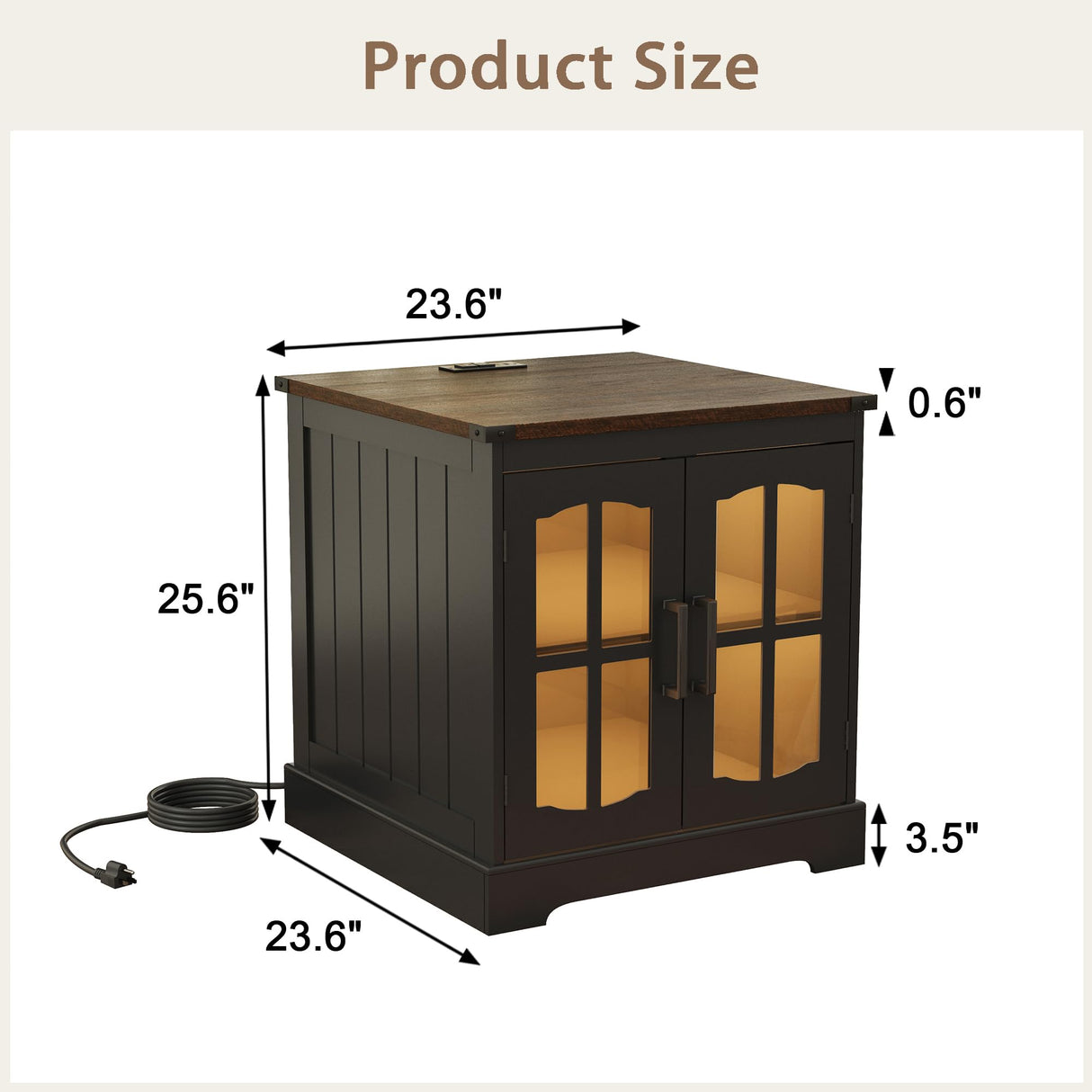 ChooChoo Rustic End Table, 24" Large Sofa Side Table with Charging Station & LED Light, Black Nightstand with Adjustable Storage Shelf, Square Bedside Table for Living Room, Bedroom, Office ChooChoo