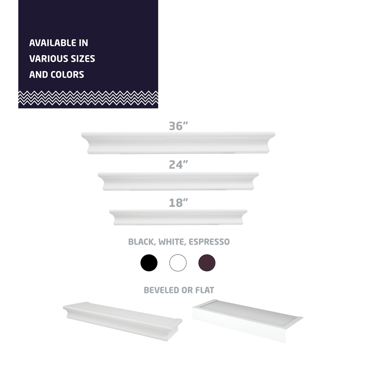 HIGH & MIGHTY Decorative 18" Floating Shelf Holds up to 15 lbs, Easy Tool-Free Dry Wall Installation, Beveled, White | 515654 HIGH & MIGHTY