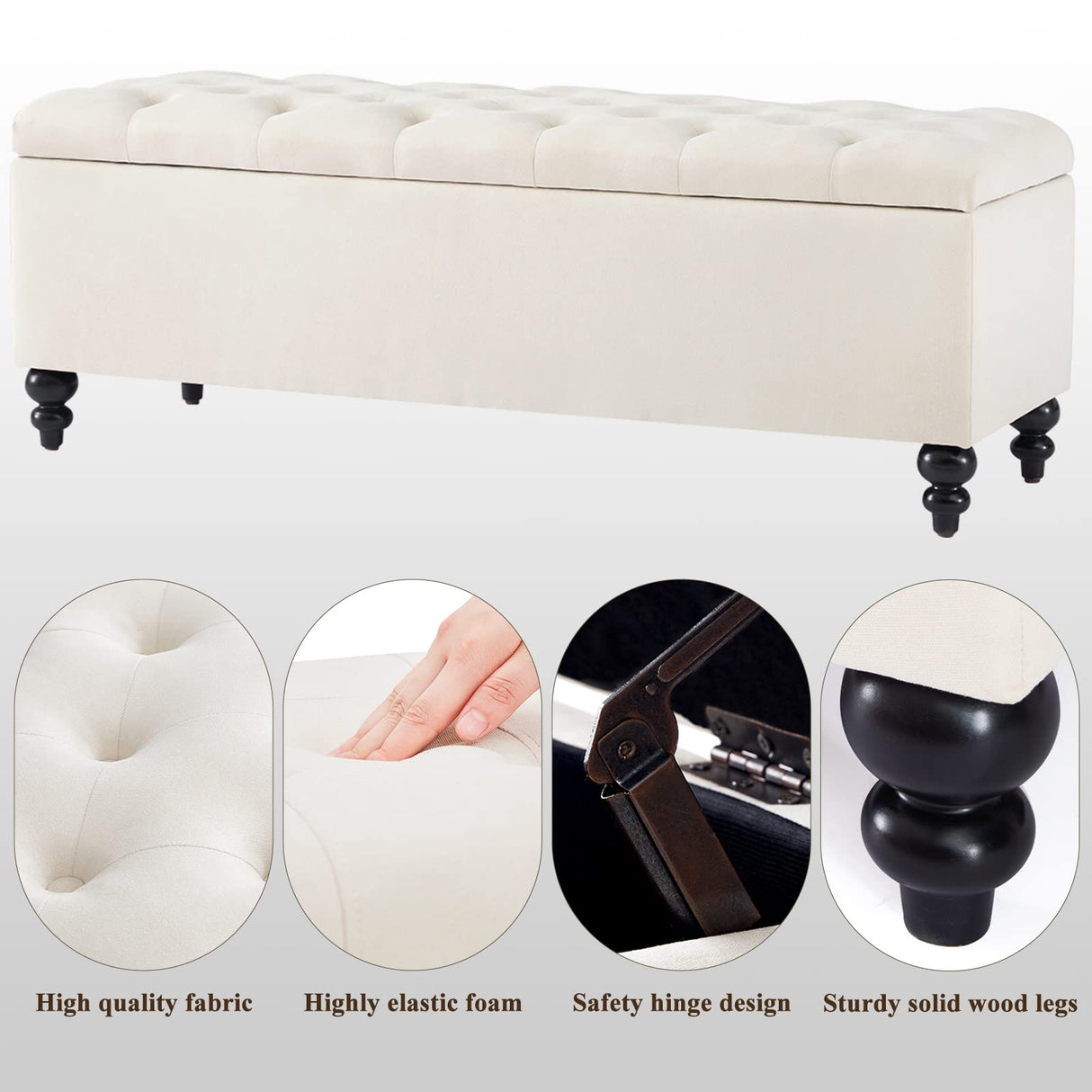 Storage Ottoman 50.2 Inches Upholstered Fabric Storage Ottoman Bench，Button Tufted Ottoman with Storage for Living Room，Bedroom End of Bed Bench Withstands 304lbs (Ivory) Living&Giving