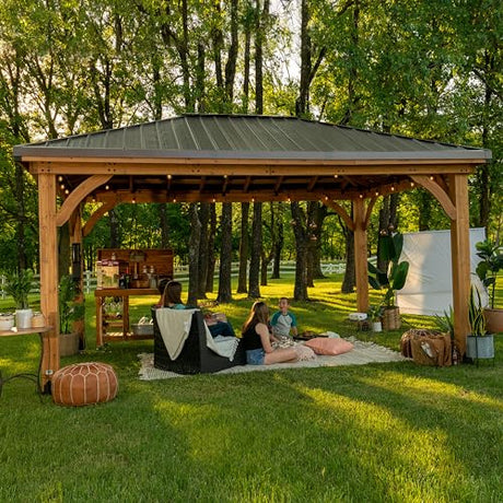 Backyard Discovery Barrington 16 ft. x 12 ft. Hip Roof Cedar Wood Gazebo Pavilion, Shade, Rain, Hard Top Steel Metal Roof, All Weather Protected, Wind Resistant up to 100 mph, Holds up to 7800 lbs Backyard Discovery