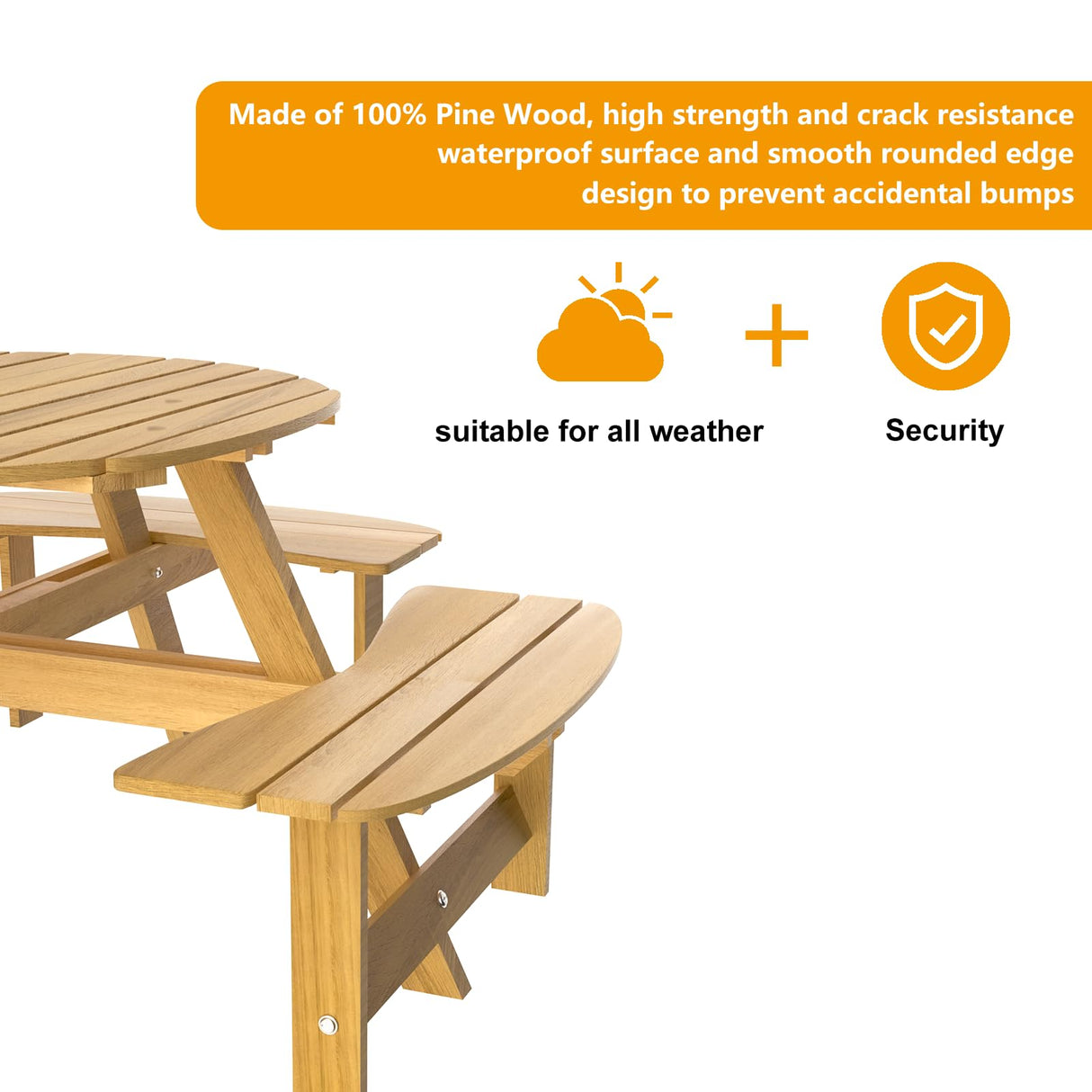 ROOMTEC Outdoor Round Picnic 4 Built Umbrella Hole 8 Person Outside Table and Bench Set for Garden, Backyard, Porch, Patio, Natural ROOMTEC