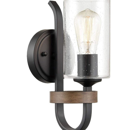 HYDELITE Industrial Seeded Cylindrical Glass Black Wall Sconce | Farmhouse Black & Wood Grain Finish Accented Bathroom Wall Light Oil Rubbed Bronze for Bathroom Hallway