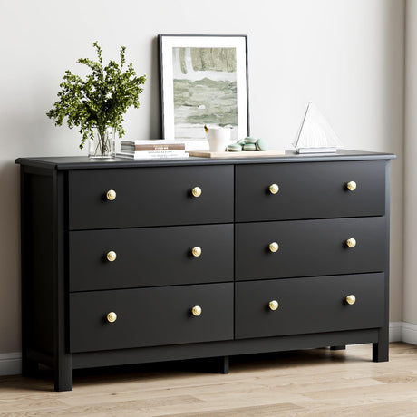 HOUROM Black Dresser, Modern 6 Drawer Double Dresser for Bedroom with Gold Knobs, Adults & Kids Wide Dressers & Chests of Drawers for Hallway, Entryway HOUROM