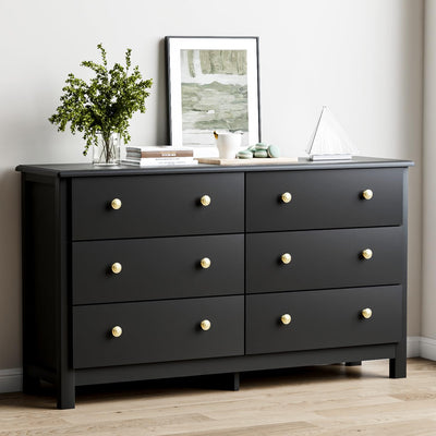 HOUROM Black Dresser, Modern 6 Drawer Double Dresser for Bedroom with Gold Knobs, Adults & Kids Wide Dressers & Chests of Drawers for Hallway, Entryway
