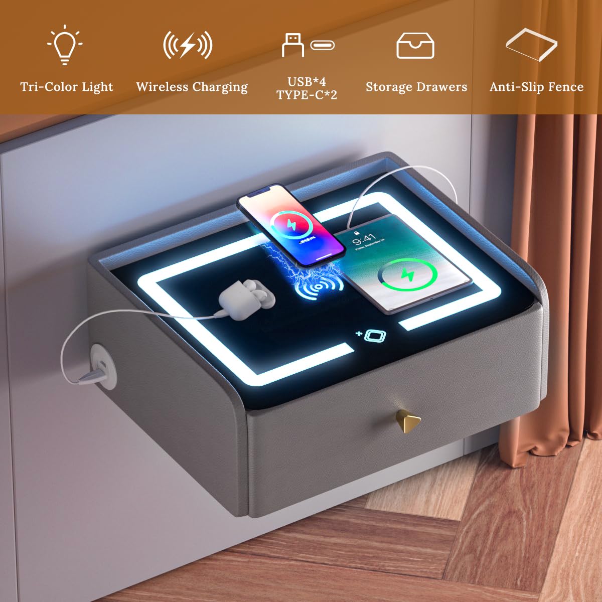 HOMEMORE Smart Nightstand Floating Bedside Table LED Nightstand with Charging Floating Nightstand Bedroom Options for Young People.Grey HOMEMORE