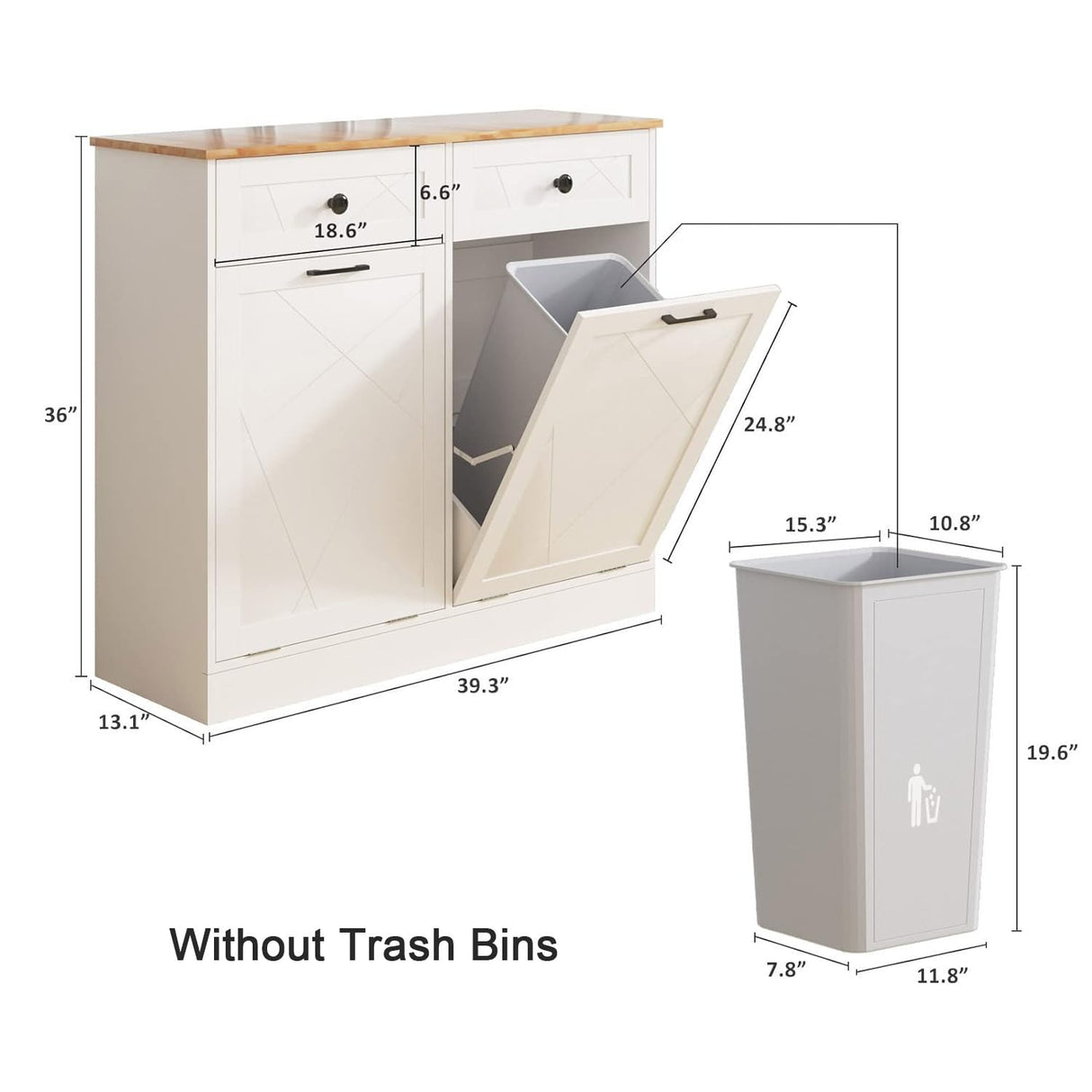 Halitaa Trash Can Cabinet, Double Tilt Out Trash Cabinet with 2 Drawers, Hidden Kitchen Trash Bin Cabinet for 10 Gallon Garbage Can, Free Standing Holder Wooden, Walnut White Halitaa