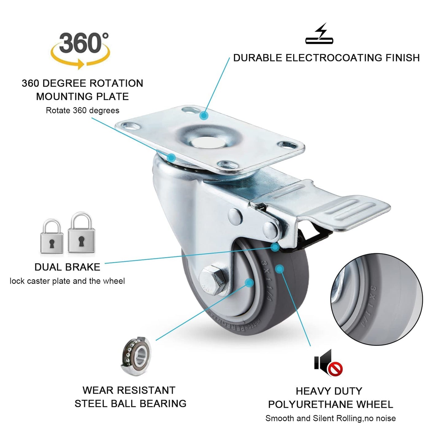 3 inch Caster Wheels Set of 4, Heavy Duty Casters Set of 4 with Polyurethane Wheels No Noise, Locking Casters Swivel Plate Castors with Dual Brake for Cart Furniture Industrial Workbench Load 1000 LBs